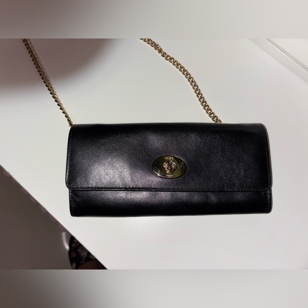 Coach Black Leather Crossbody with Gold Chain